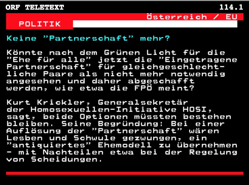 Die differenzierte Position der HOSI Wien schaffte es auch in den ORF-Teletext.